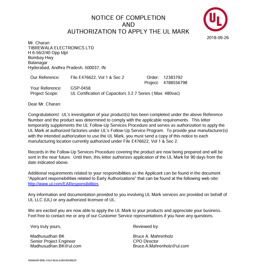 UL CERTIFICATE SERIES  3.2.7 PROTECTED
