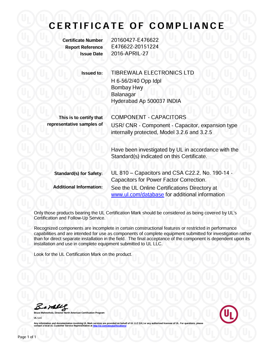 UL CERTIFICATE SERIES  3.2.5 & 3.2.6 PROTECTED