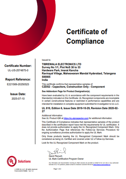 DC Link Capaciotor UL Certificate