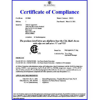  CSA Certificate for<br> PFC Capacitors