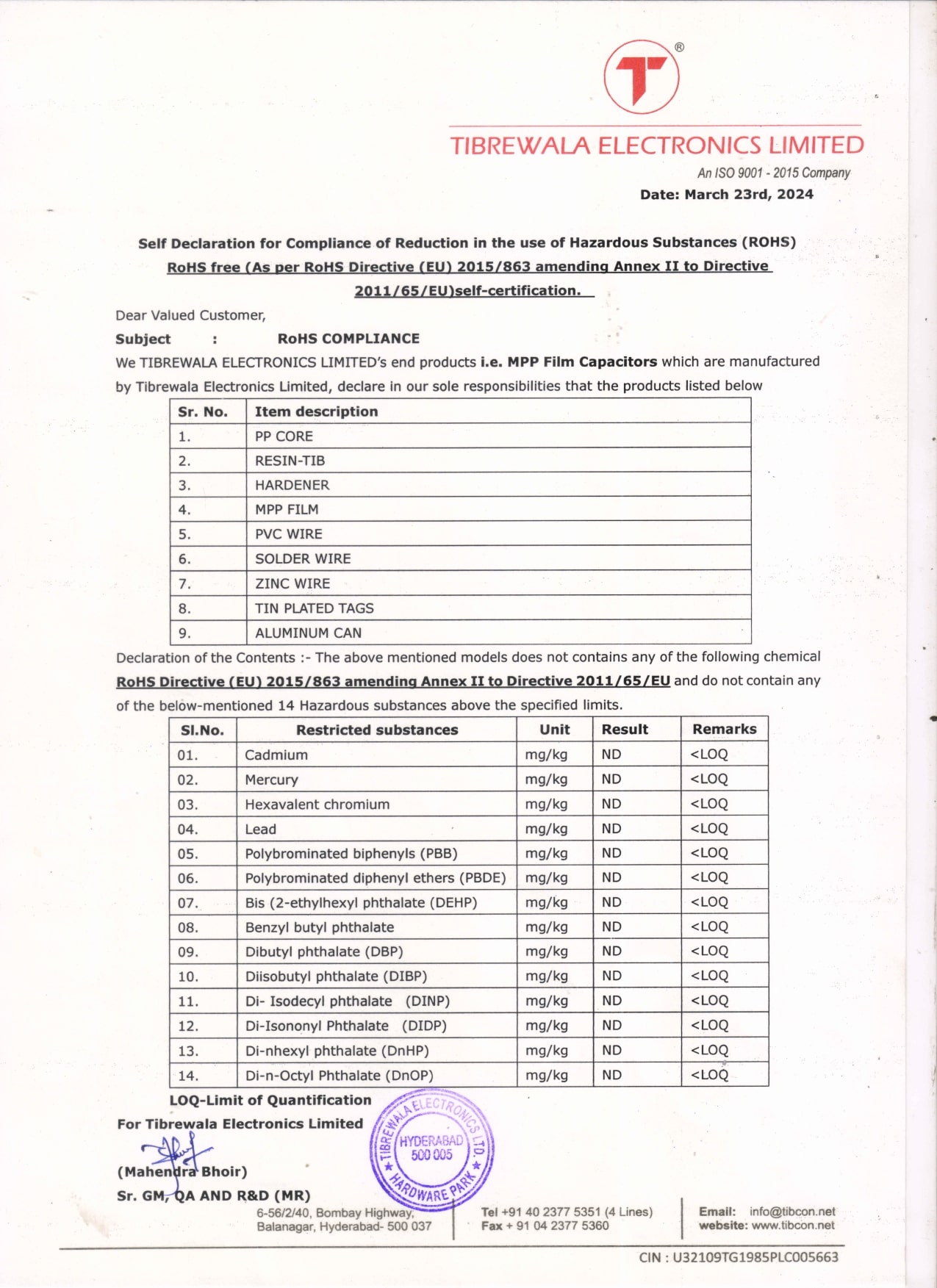 Declaration for RoHS Compliance